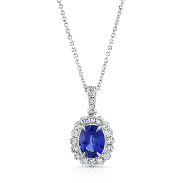 Uneek Precious Collection Halo Round Blue Sapphire Drop Pendant