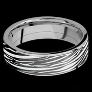 7 mm wide/Flat/Titanium band with one 6 mm Centered inlay of Zirconium with a laser carved Zebra pattern.