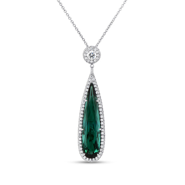 Uneek Signature Collection Double-Halo Pear Shaped Green Tourmaline Drop Pendant