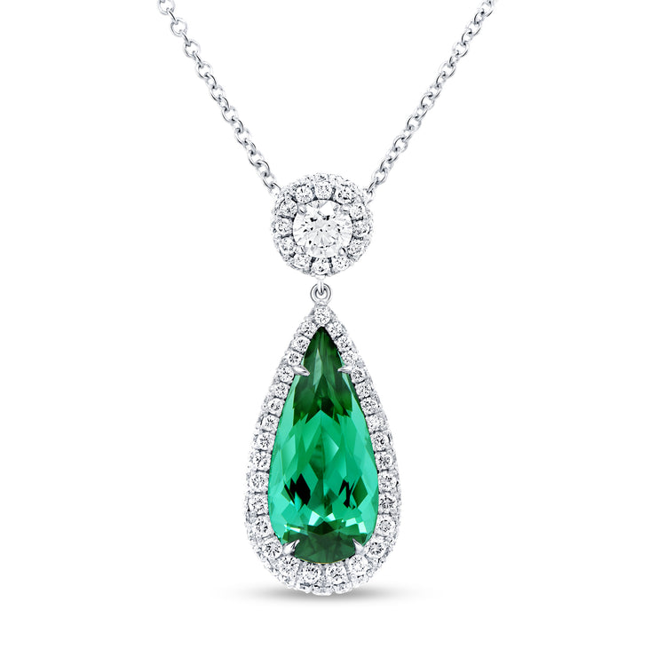 Uneek Precious Collection Double-Halo Pear Green Tourmaline Drop Pendant