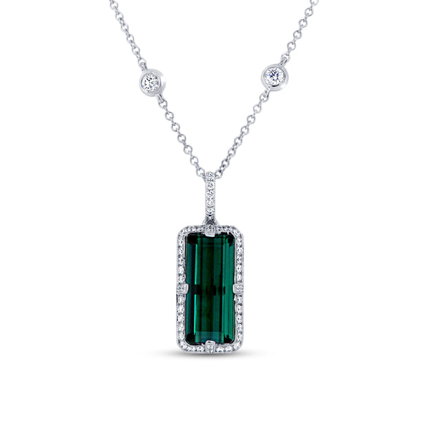 Uneek Precious Collection Halo Emerald Cut Green Tourmaline Drop Pendant