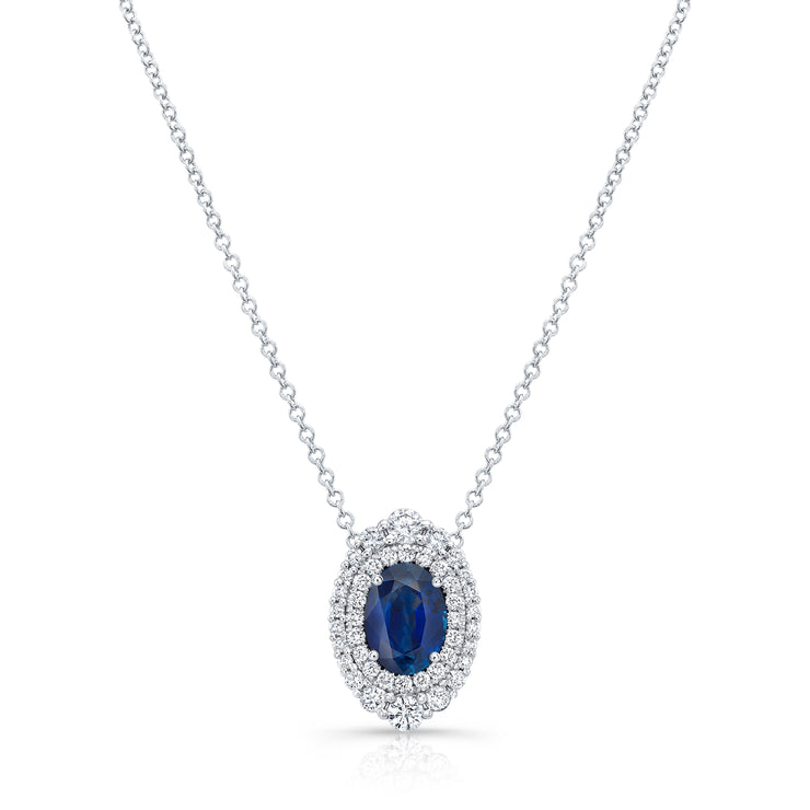 Uneek Precious Collection Halo Oval Blue Sapphire Drop Pendant