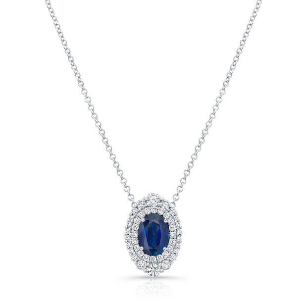 Uneek Precious Collection Halo Oval Shaped Blue Sapphire Drop Pendant