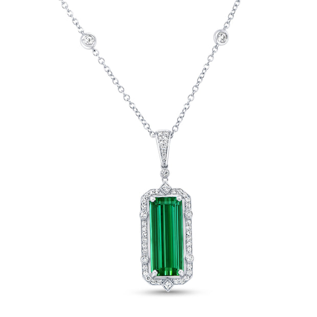 Uneek Precious Collection Halo Elongated-Cushion Green Tourmaline Drop Pendant