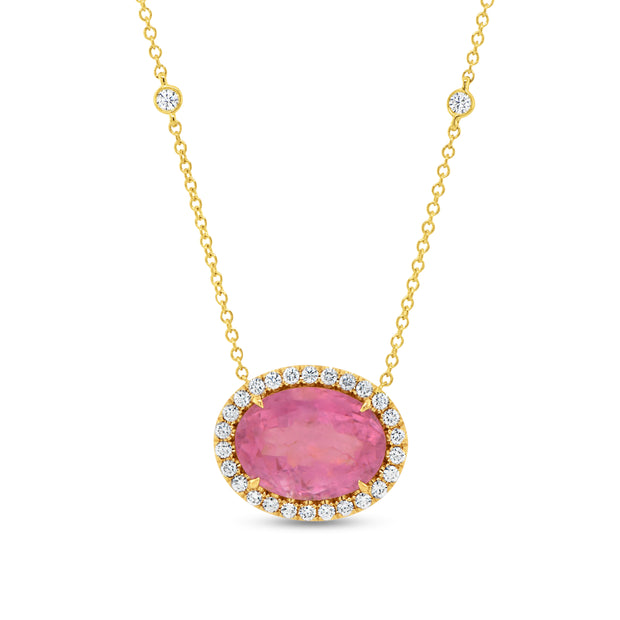 Uneek Timeless Collection Halo Oval Shaped Pink Tourmaline Drop Pendant