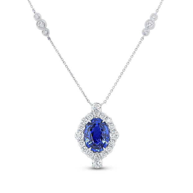 Uneek Precious Collection Halo Oval Shaped Blue Sapphire Drop Pendant