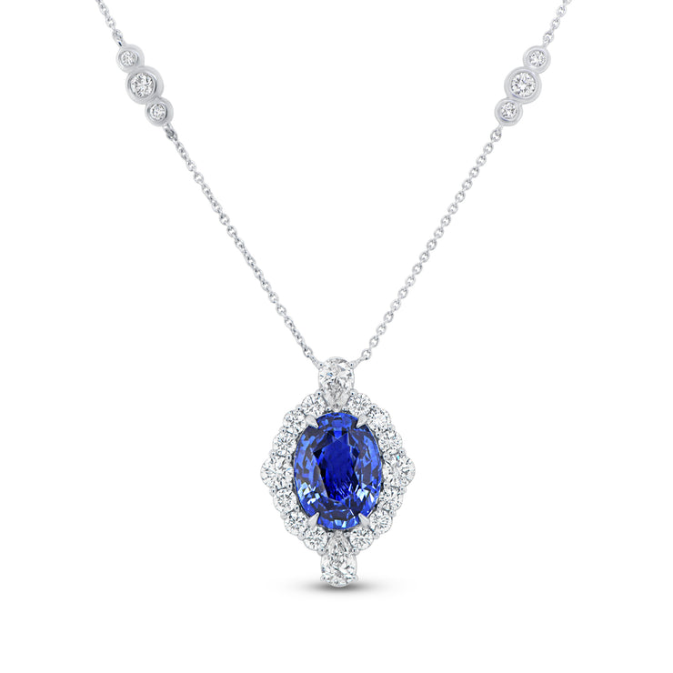 Uneek Precious Collection Halo Oval Blue Sapphire Drop Pendant