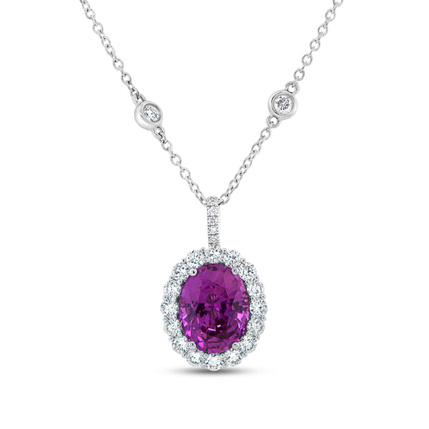 Uneek Precious Collection Halo Oval Pink Sapphire Drop Pendant