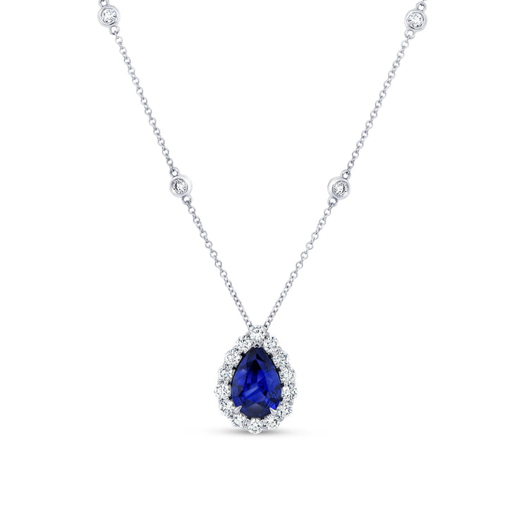 Uneek Precious Collection Halo Pear Blue Sapphire Drop Pendant