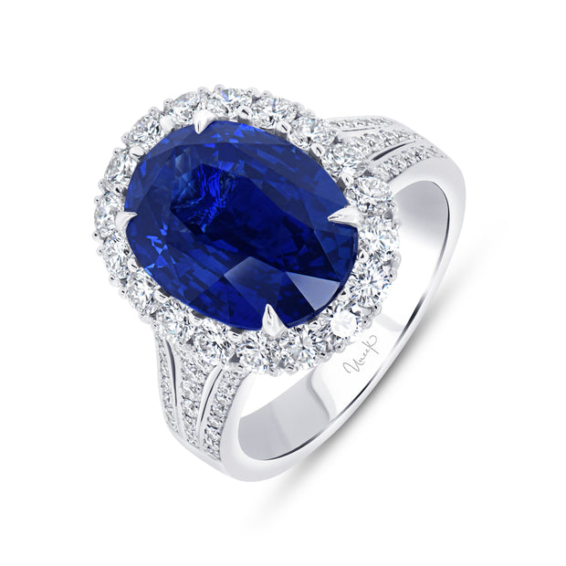 Uneek Precious Collection Halo Oval Shaped Blue Sapphire Anniversary Ring