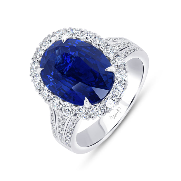 Uneek Precious Collection Halo Oval Blue Sapphire Engagement Ring