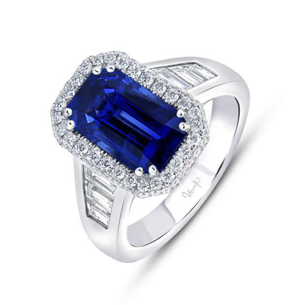 Uneek Precious Collection Tapered Radiant Blue Sapphire Engagement Ring