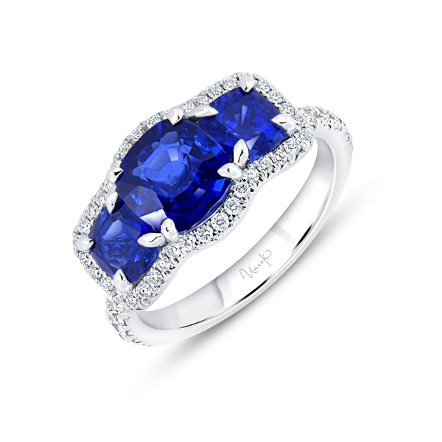 Uneek Precious Collection 3-Stone-Halo Cushion Blue Sapphire Anniversary Ring