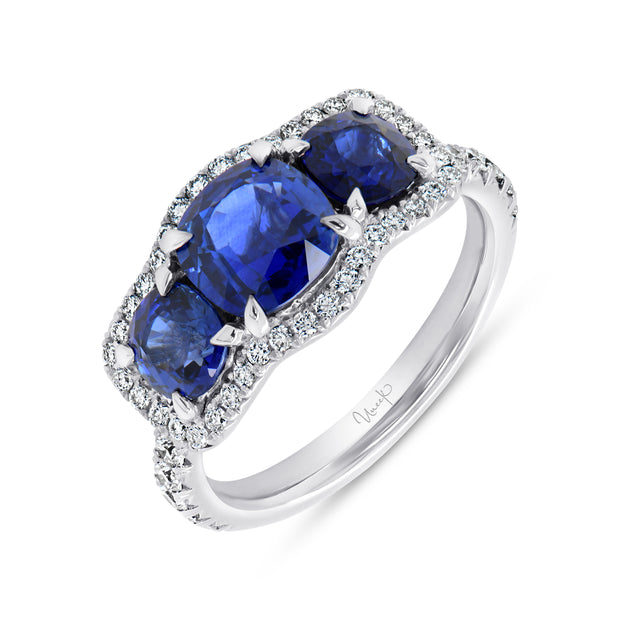 Uneek Precious Collection 3-Stone-Halo Cushion Blue Sapphire Anniversary Ring