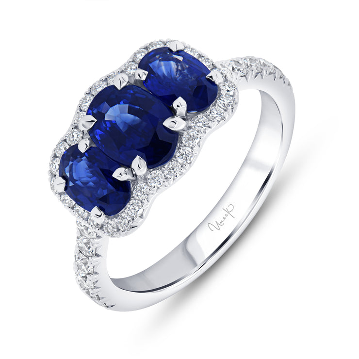 Uneek Precious Collection 3-Stone-Halo Oval Shaped Blue Sapphire Engagement Ring