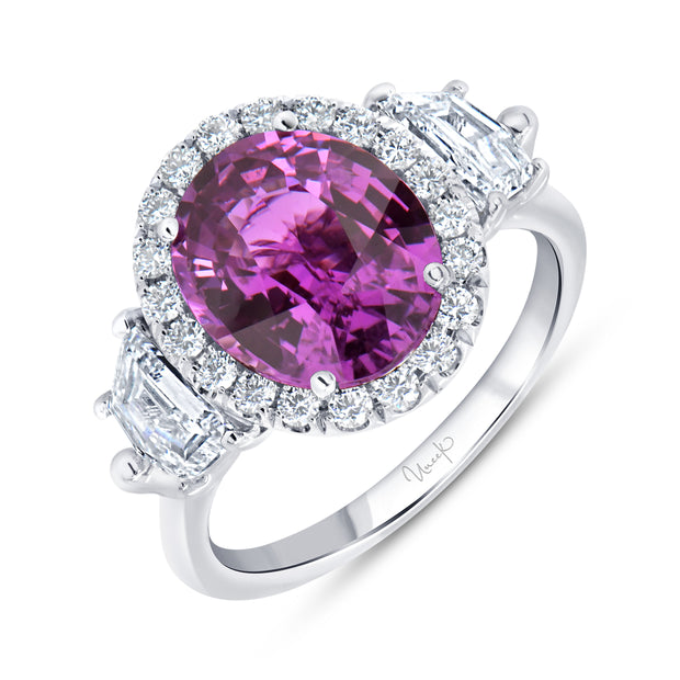 Uneek Precious Collection 3-Stone-Halo Oval Shaped Pink Sapphire Engagement Ring
