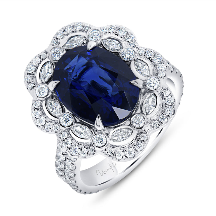 Uneek Precious Collection Double-Halo Oval Blue Sapphire Engagement Ring