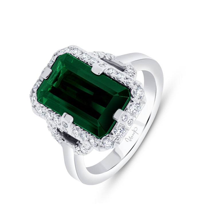 Uneek Precious Collection Halo Emerald Green Tourmaline Engagement Ring
