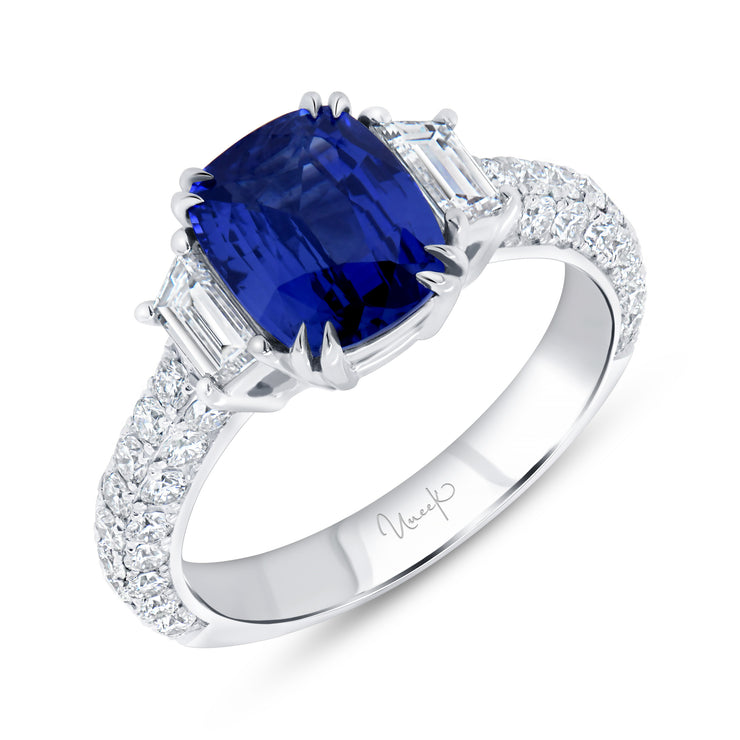 Uneek Precious Collection Three-Stone Cushion Blue Sapphire Engagement Ring