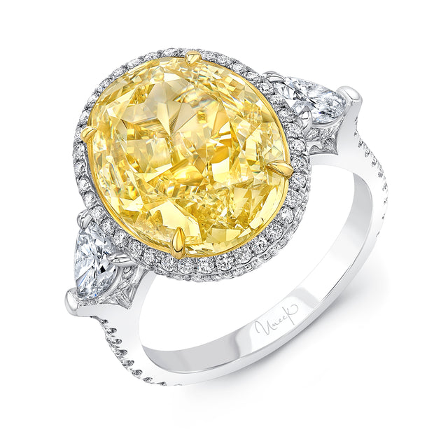 Uneek Natureal Collection 3-Stone-Halo Oval Shaped Yellow Diamond Engagement Ring