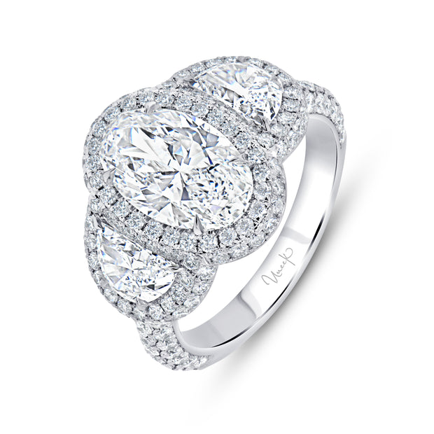 Uneek Signature Collection 3-Stone-Halo Oval Shaped Diamond Engagement Ring
