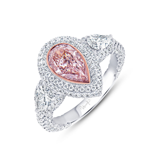 Uneek Natureal Collection 3-Stone-Halo Pear Light Pink Diamond Engagement Ring