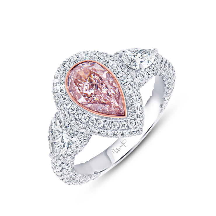 Uneek Natureal Collection 3-Stone-Halo Pear Light Pink Diamond Engagement Ring
