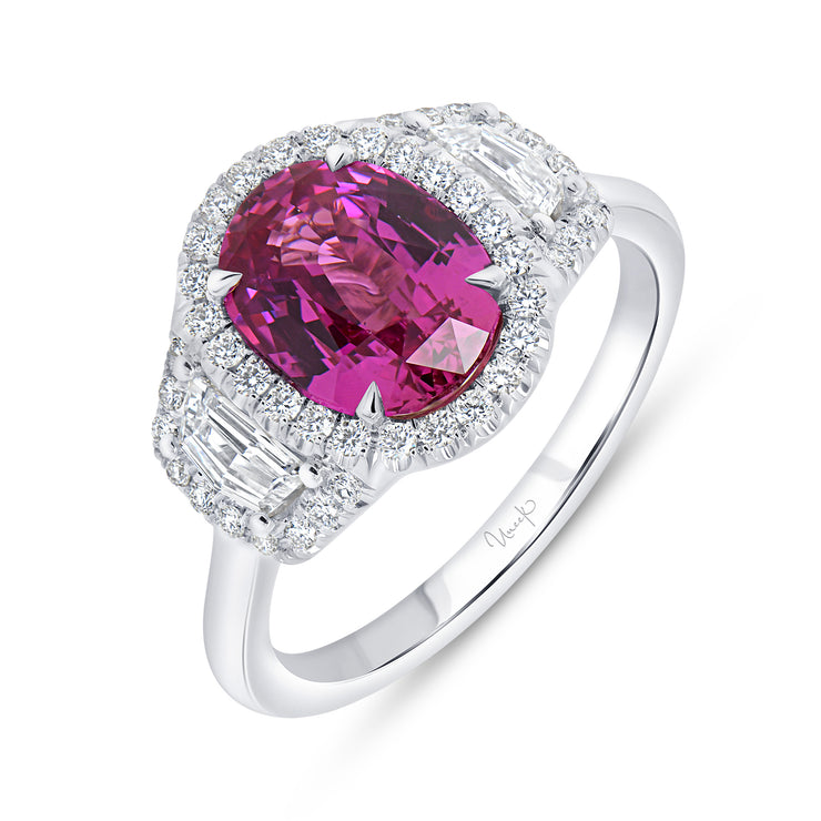 Uneek Precious Collection 3-Stone-Halo Oval Pink Sapphire Engagement Ring
