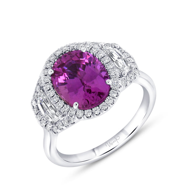 Uneek Precious Collection 3-Stone-Halo Oval Pink Sapphire Engagement Ring