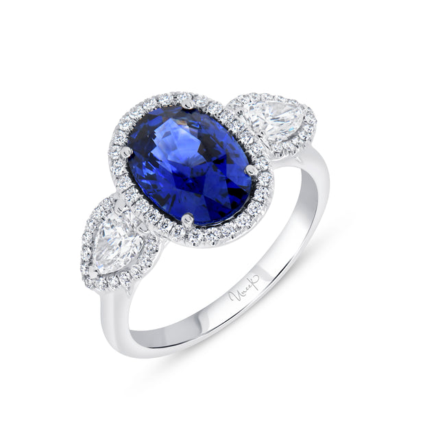 Uneek Precious Collection 3-Stone-Halo Oval Blue Sapphire Engagement Ring