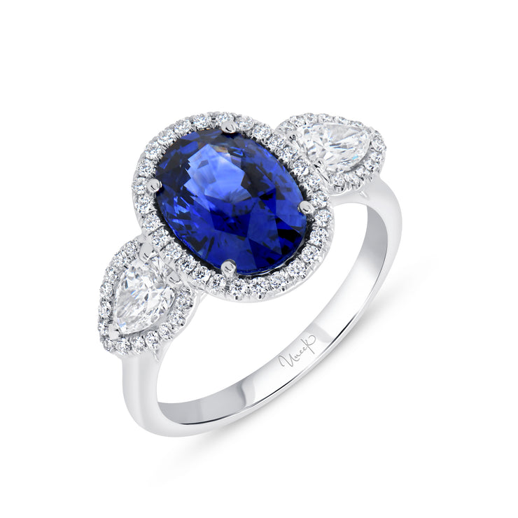 Uneek Precious Collection 3-Stone-Halo Oval Blue Sapphire Engagement Ring