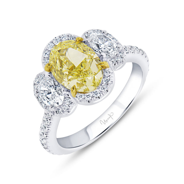 Uneek Natureal Collection 3-Stone-Halo Oval Shaped Fancy Light Yellow Diamond Engagement Ring