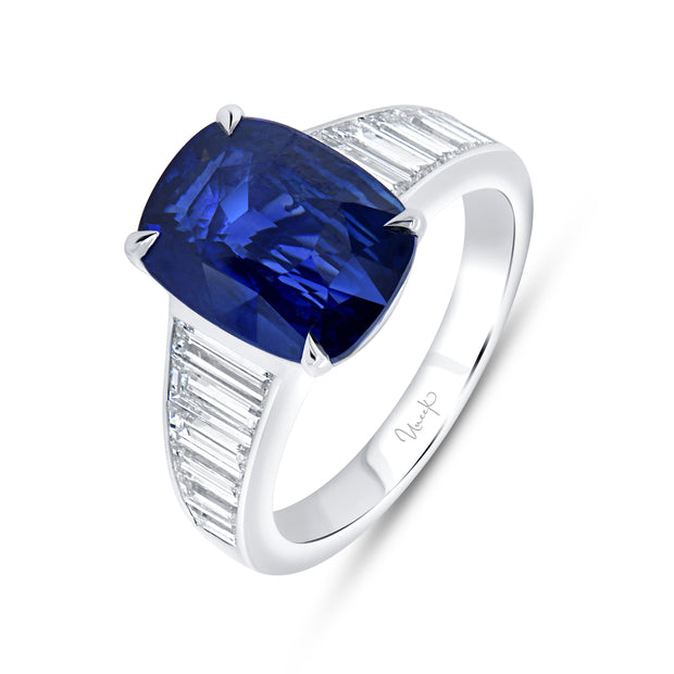 Uneek Precious Collection Tapered Cushion Blue Sapphire Engagement Ring
