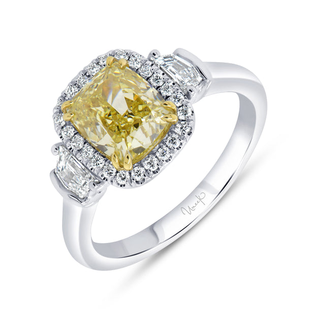 Uneek Natureal Collection Three-Stone Cushion Cut Fancy Yellow Diamond Engagement Ring