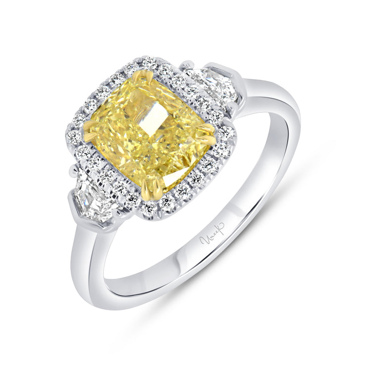Uneek Natureal Collection Three-Stone Cushion Fancy Yellow Diamond Engagement Ring