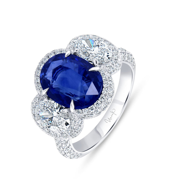 Uneek Precious Collection 3-Stone-Halo Oval Blue Sapphire Engagement Ring