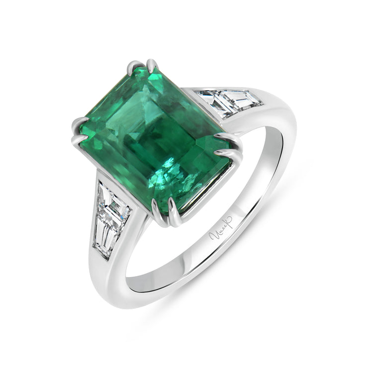 Uneek Precious Collection Tapered Emerald Emerald Engagement Ring