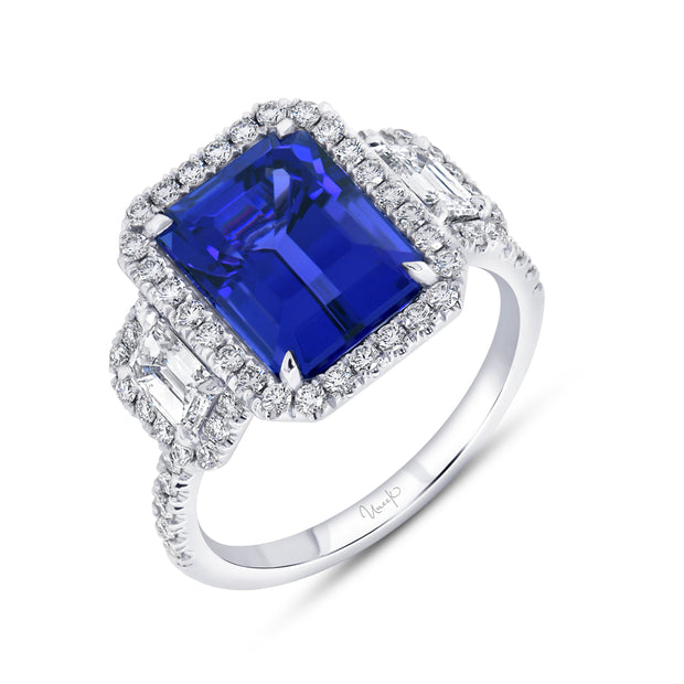Uneek Precious Collection 3-Stone-Halo Emerald Tanzanite Engagement Ring