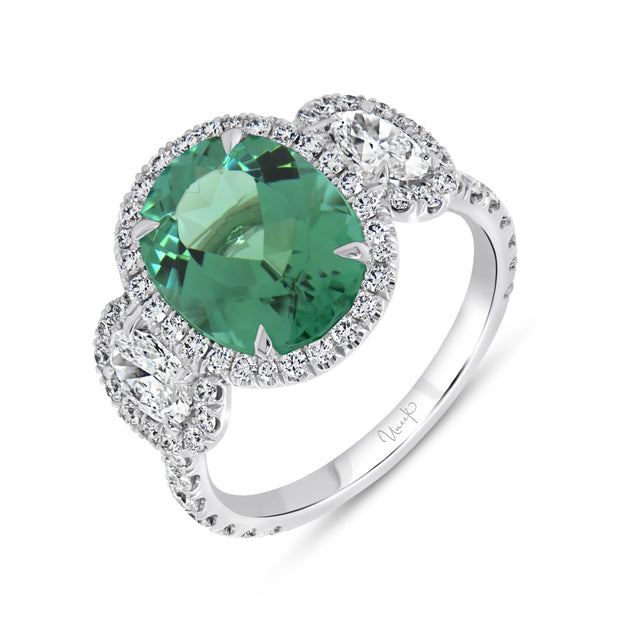 Uneek Precious Collection 3-Stone-Halo Oval Green Tourmaline Engagement Ring