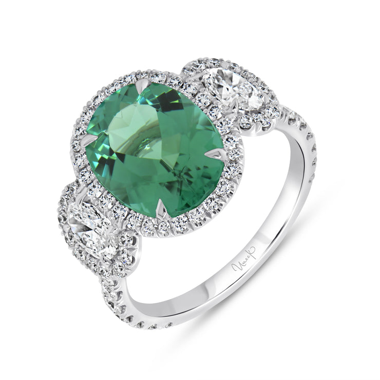 Uneek Precious Collection 3-Stone-Halo Oval Green Tourmaline Engagement Ring
