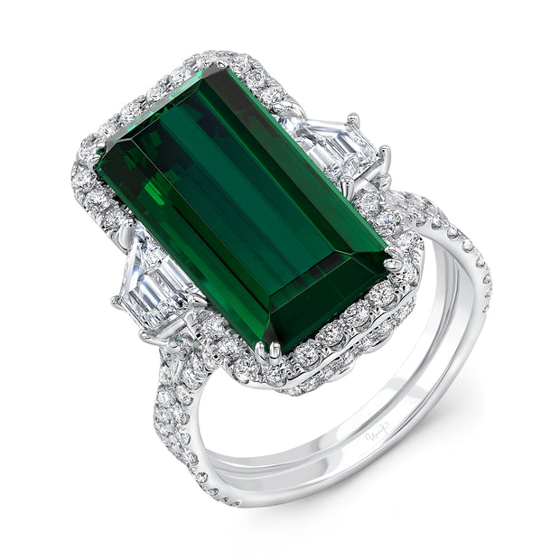 Uneek Precious Collection Halo Emerald Cut Green Tourmaline Engagement Ring