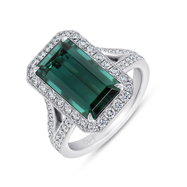 Uneek Precious Collection Halo Emerald Green Tourmaline Engagement Ring