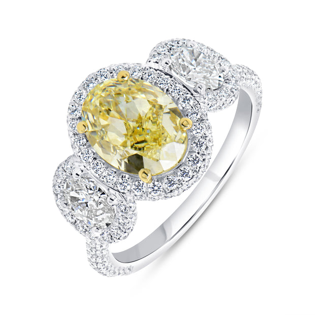 Uneek Natureal Collection 3-Stone-Halo Oval Fancy Light Yellow Diamond Engagement Ring