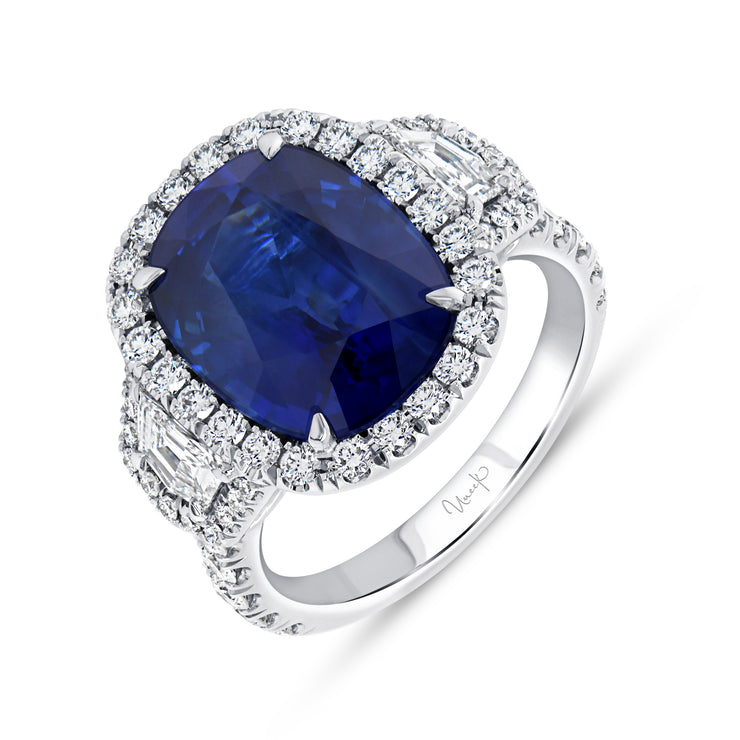 Uneek Precious Collection Three-Stone Cushion Blue Sapphire Engagement Ring