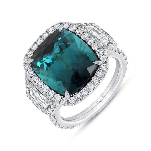Uneek Precious Collection 3-Stone-Halo Cushion Green Tourmaline Engagement Ring