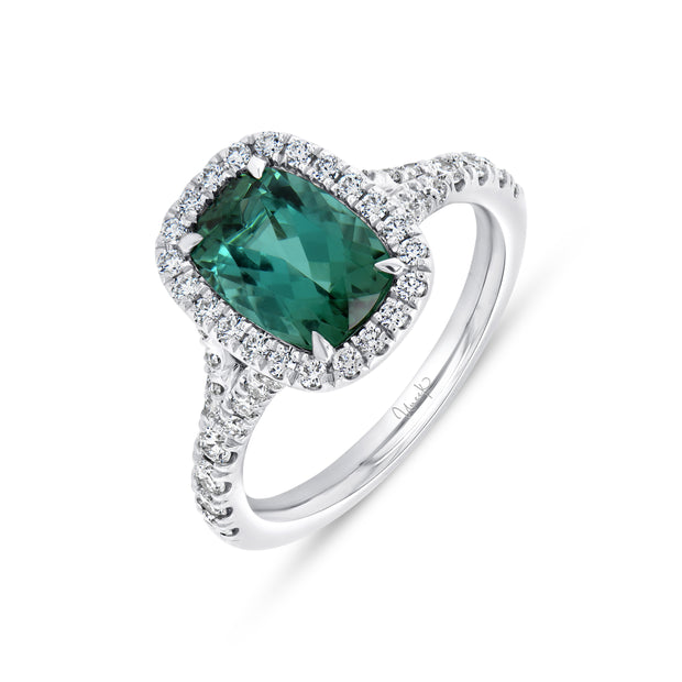 Uneek Precious Collection Halo Cushion Indicolite Tourmaline Engagement Ring