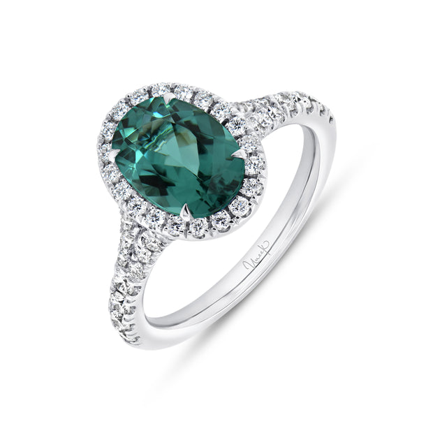 Uneek Precious Collection Halo Oval Indicolite Tourmaline Engagement Ring