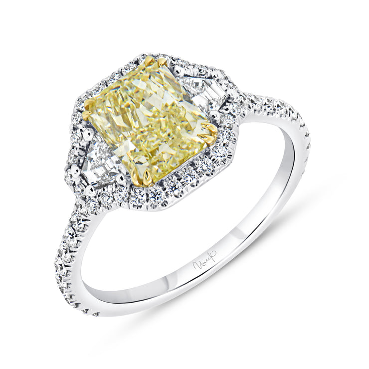 Uneek Natureal Collection Three-Stone Radiant Fancy Light Yellow Diamond Engagement Ring
