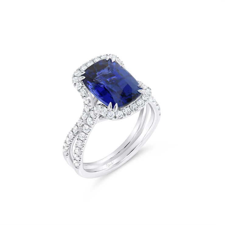 Uneek Precious Collection Halo Cushion Blue Sapphire Engagement Ring