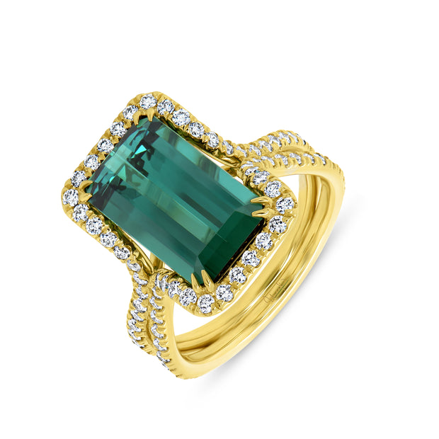 Uneek Precious Collection Split-Shank Emerald Cut Green Tourmaline Engagement Ring
